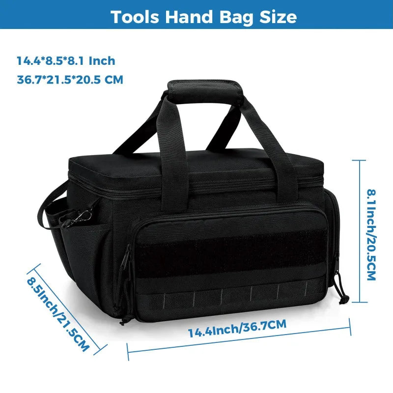 Black heavy duty tool bag with a handle and non-slip base shown from the top view.
