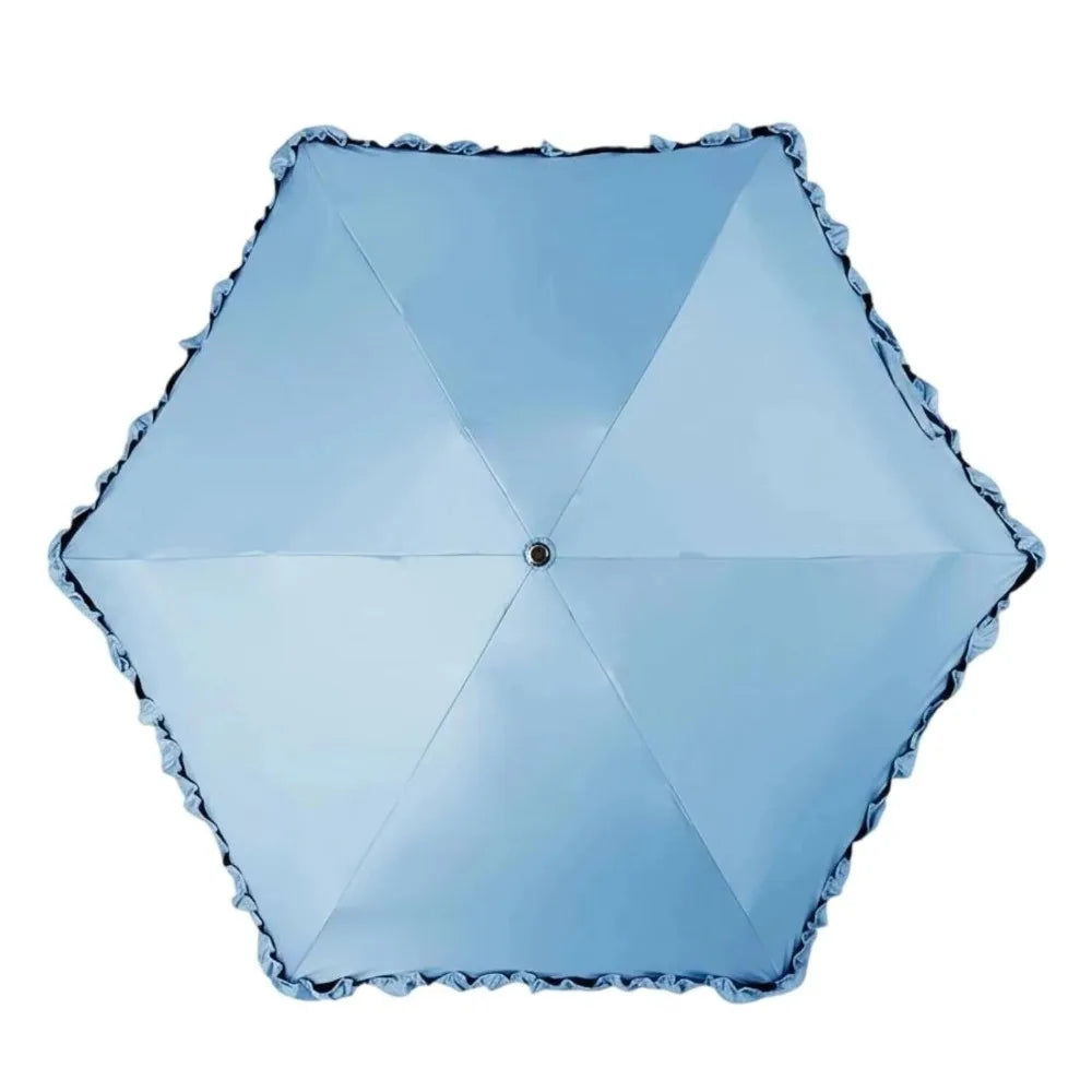 Light blue portable five-fold lace umbrella with a geometric pattern.