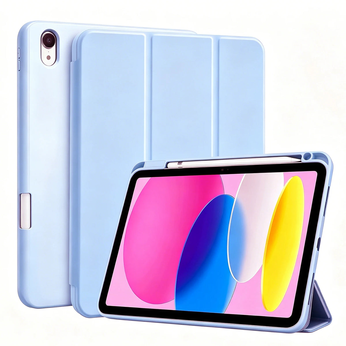 A light blue magnetic flip tablet case with a built-in pencil holder and an iPad inside.