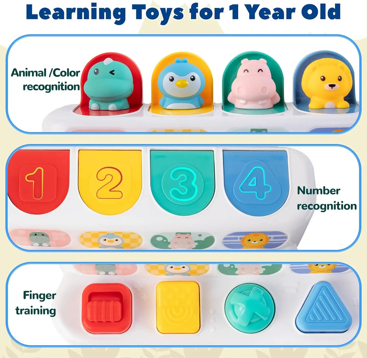 A set of Montessori pop-up toys for toddlers featuring animal/color recognition, number recognition, and finger training.