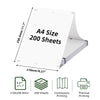 A4 size thermal paper product showing dimensions and features like 200 sheets and continuous printing