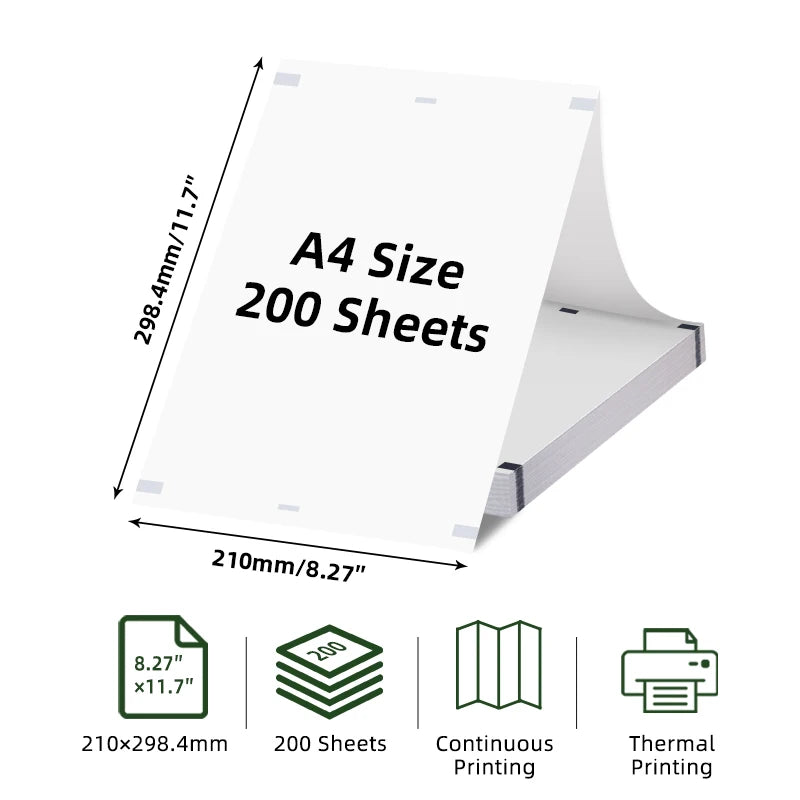 A4 size thermal paper product showing dimensions and features like 200 sheets and continuous printing