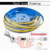 A yellow and blue LED strip light is shown with a hand scan dimmer control, demonstrating 10 levels of dimming.