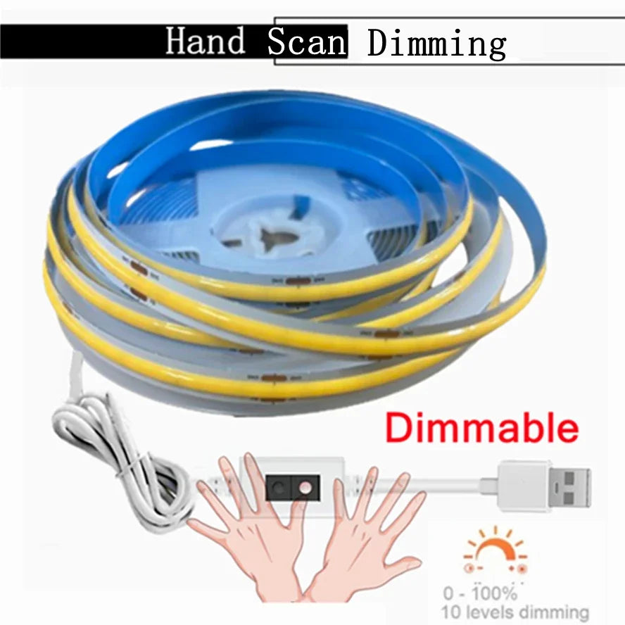 A yellow and blue LED strip light is shown with a hand scan dimmer control, demonstrating 10 levels of dimming.