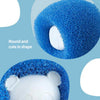 Close-up view of a blue laundry ball with a white 3D cartoon panda shape inside.