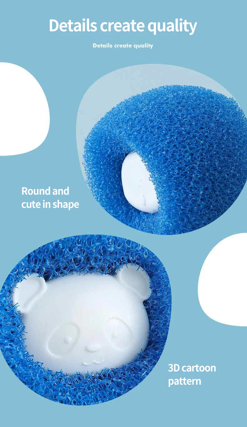 Close-up view of a blue laundry ball with a white 3D cartoon panda shape inside.