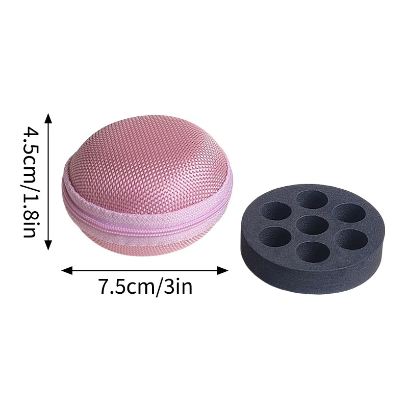 Pink mesh vial storage case with a lid and a separate dark storage tray