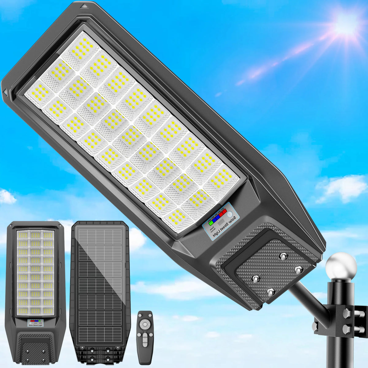 A solar-powered outdoor security light with a motion sensor and remote control is shown angled against a blue sky.