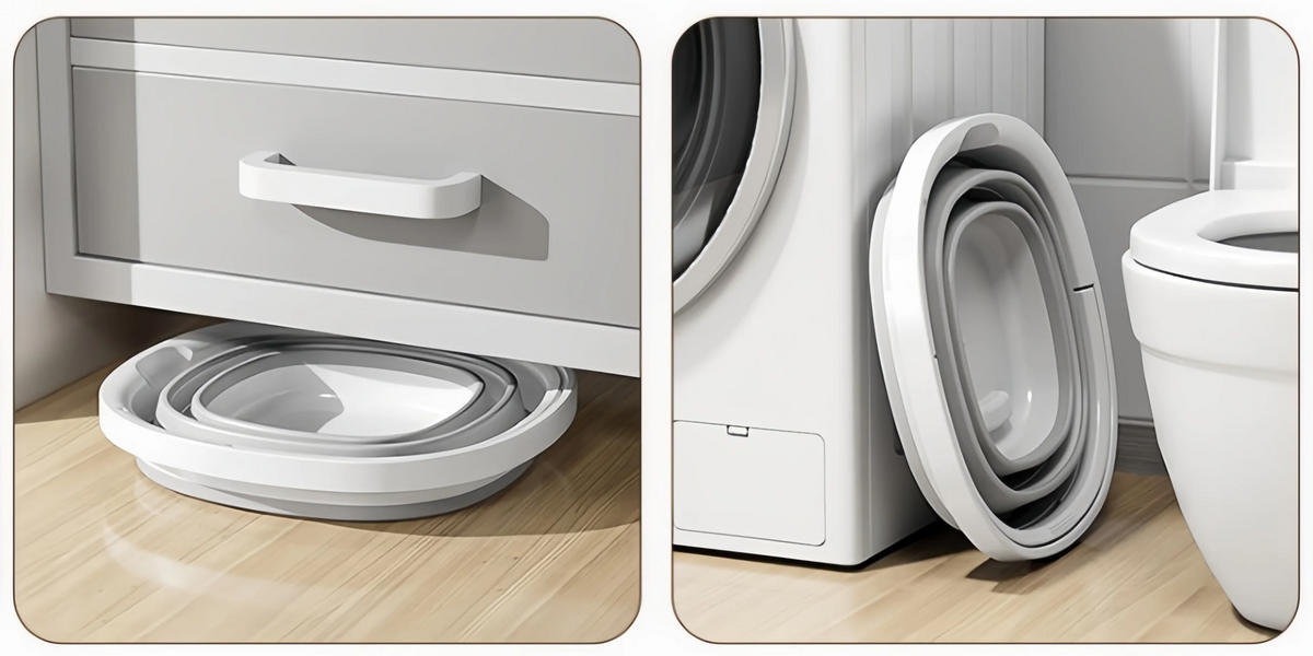 A close-up view of a white collapsible outdoor bucket with a carry handle and a toilet in a bathroom setting.