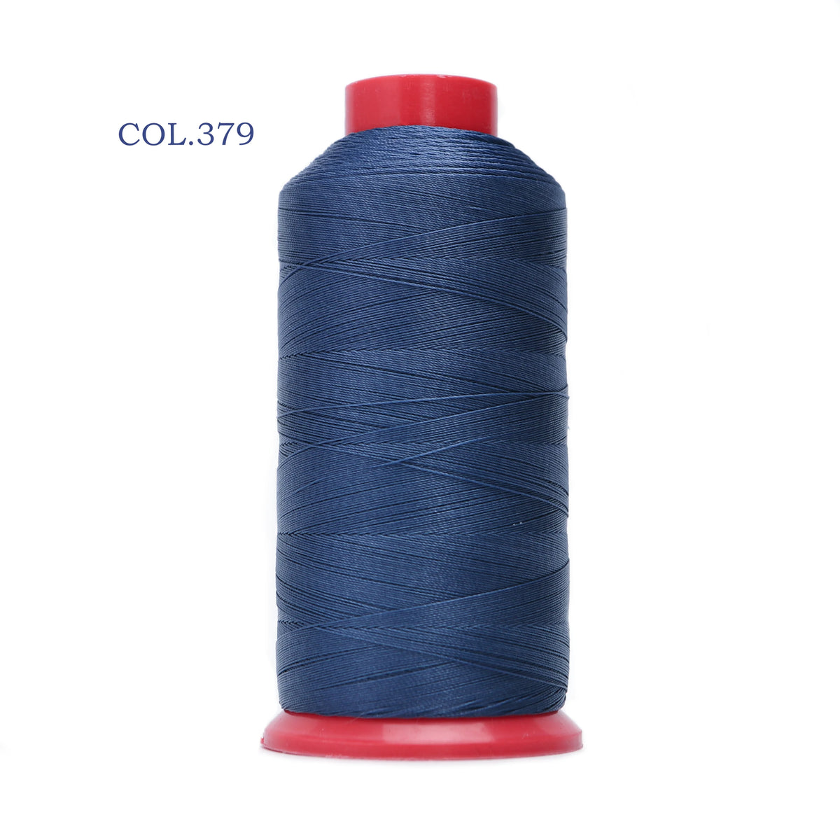 A spool of dark blue heavy-duty nylon bonded thread with a red cap.