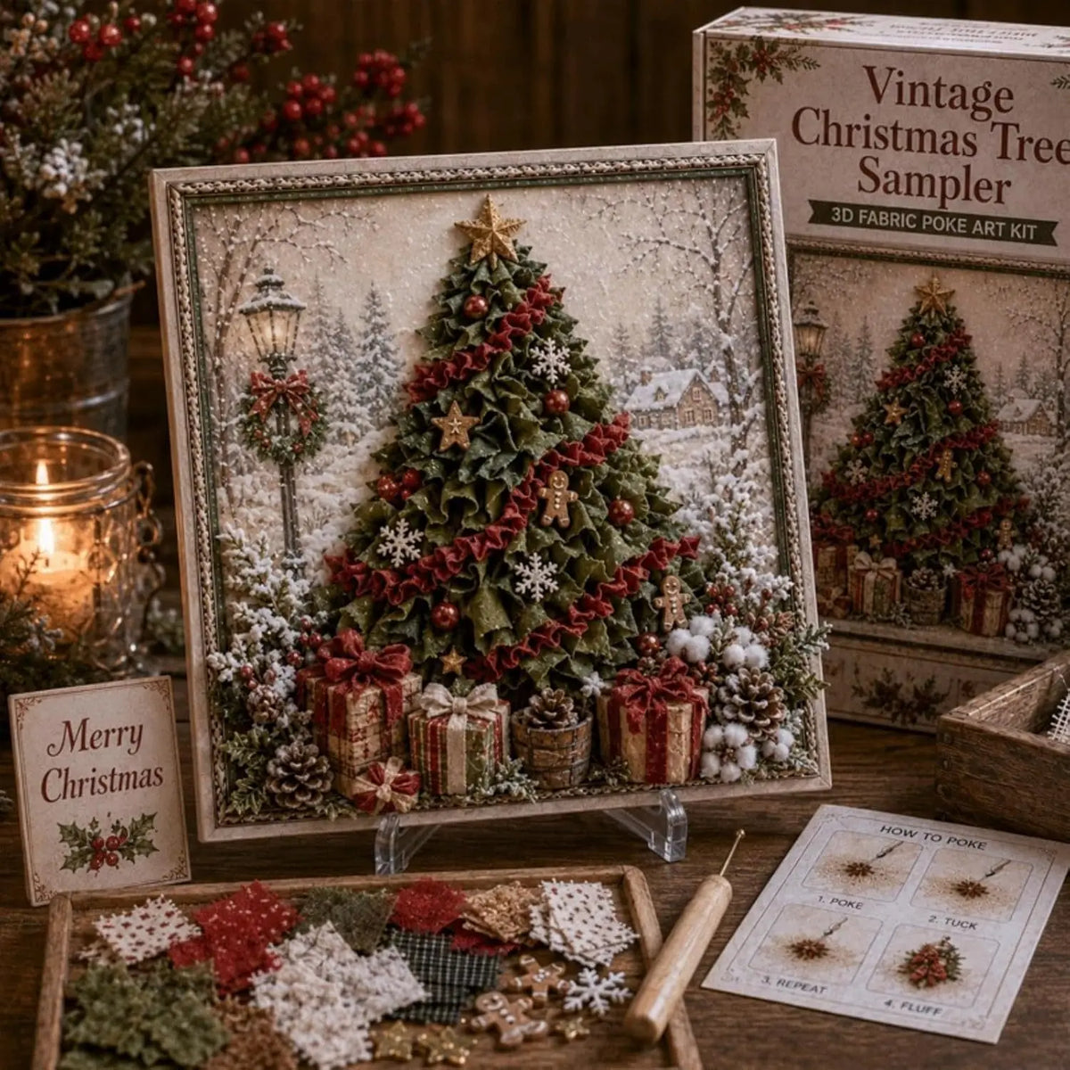 A framed vintage Christmas tree craft kit featuring a detailed 3D fabric poke art model of a decorated evergreen tree.