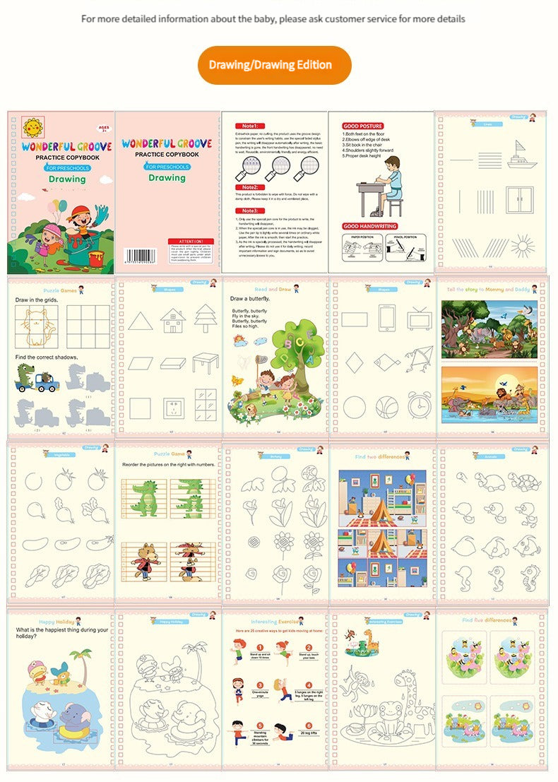 A set of reusable magic copybooks for kids featuring various drawing and handwriting practice pages.