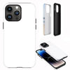 A white dual-layer phone case for an iPhone shown alongside a black case and a smartphone.