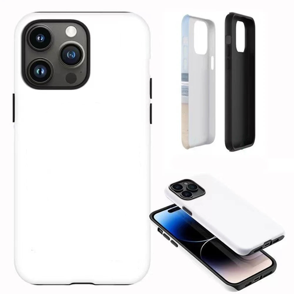 A white dual-layer phone case for an iPhone shown alongside a black case and a smartphone.