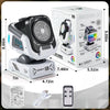 A white bubble machine with an RGB light display and accessories is shown next to its packaging box.