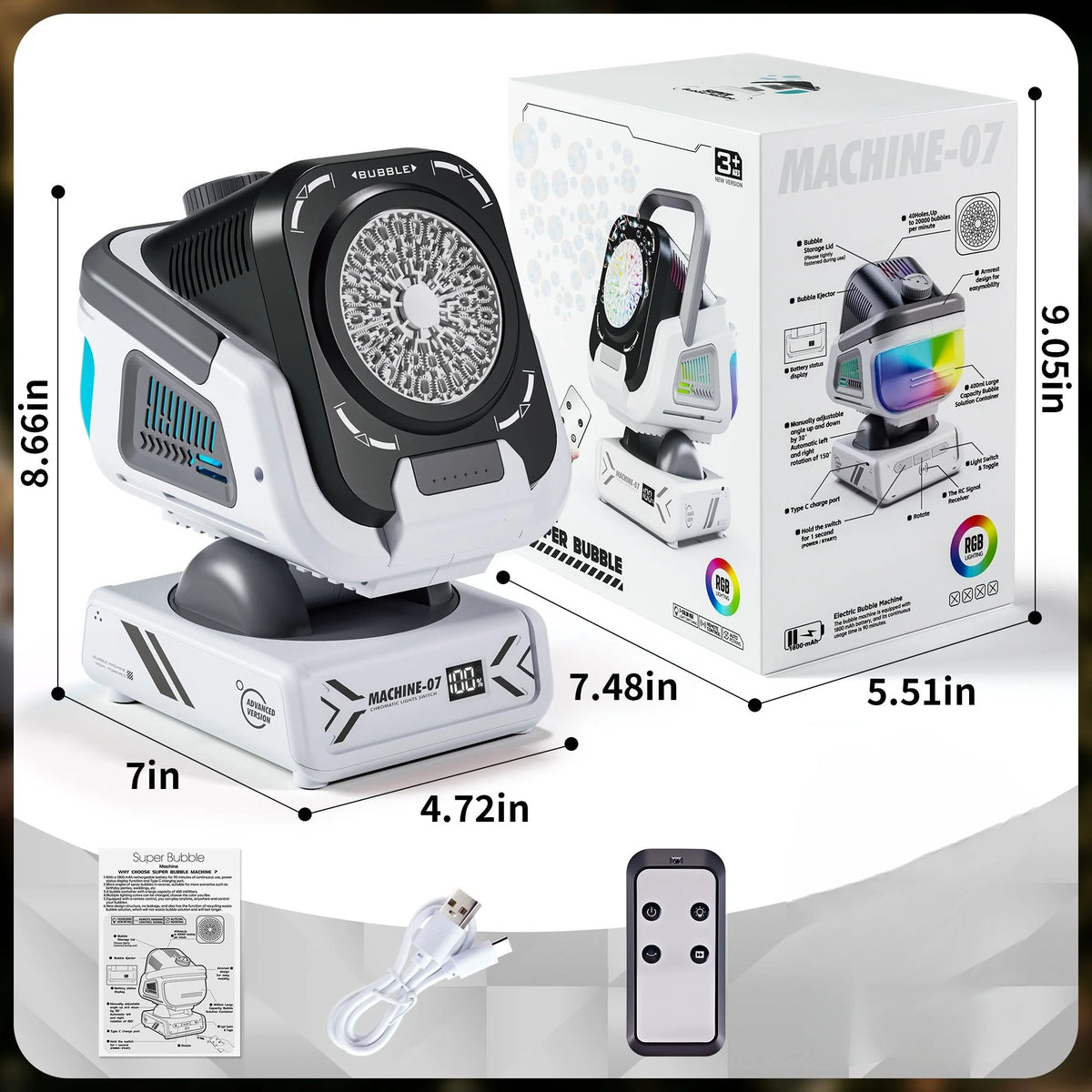 A white bubble machine with an RGB light display and accessories is shown next to its packaging box.