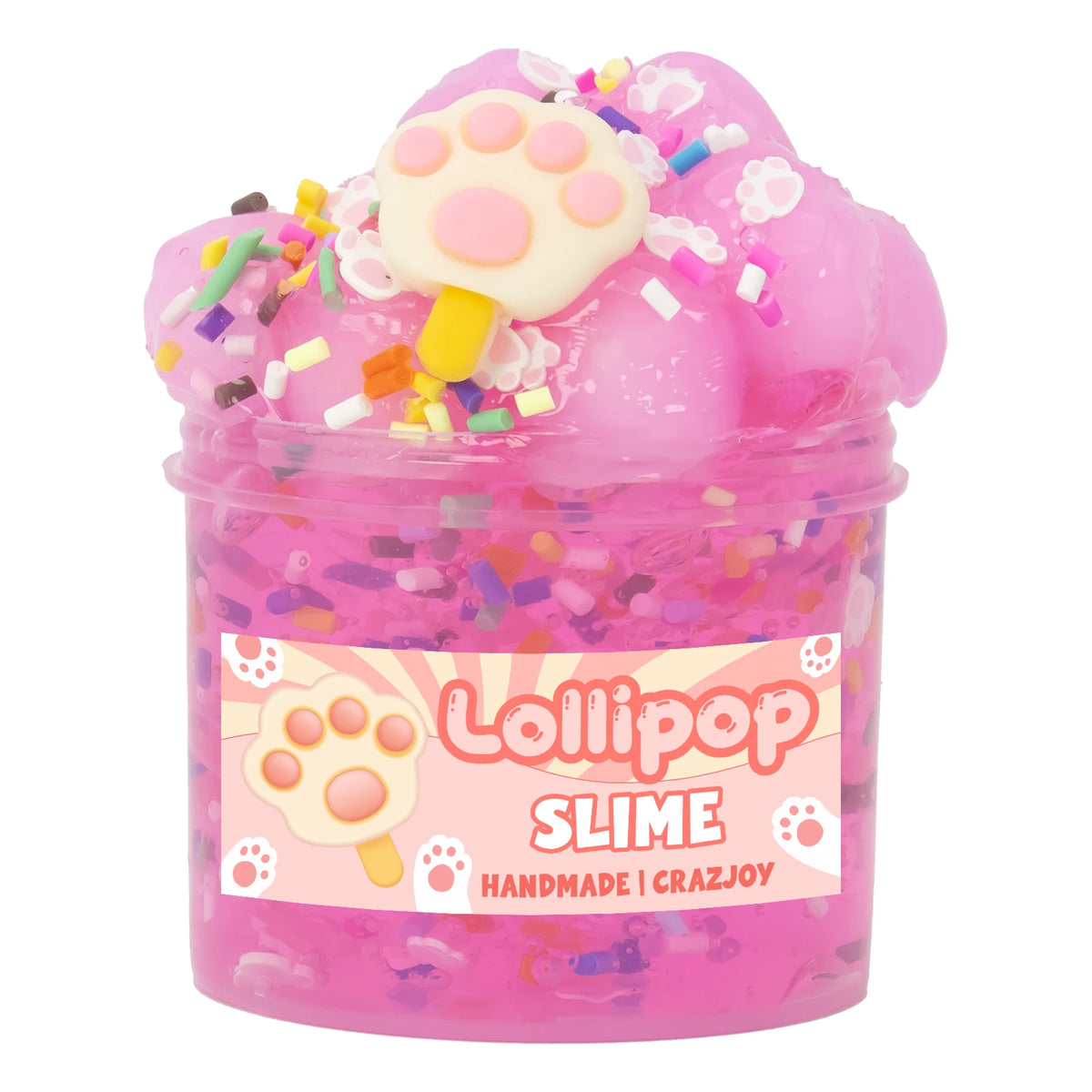 A jar of pink and white slime with a paw print on top, labeled as Lollipops Slime.