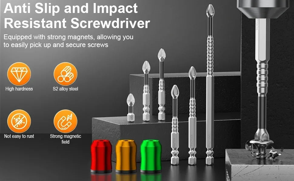 A set of 12 anti slip and impact resistant screwdrivers with magnetic tips shown on a dark background.