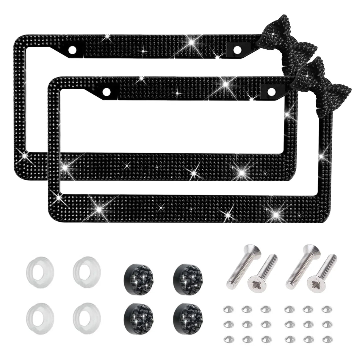 Black rhinestone license plate frame with a bow accent and mounting hardware.