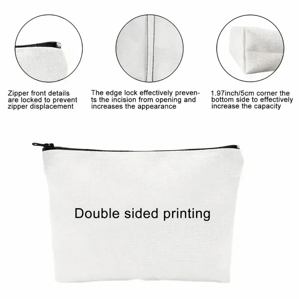 White makeup bag featuring double-sided printing and zipper details for secure closure.