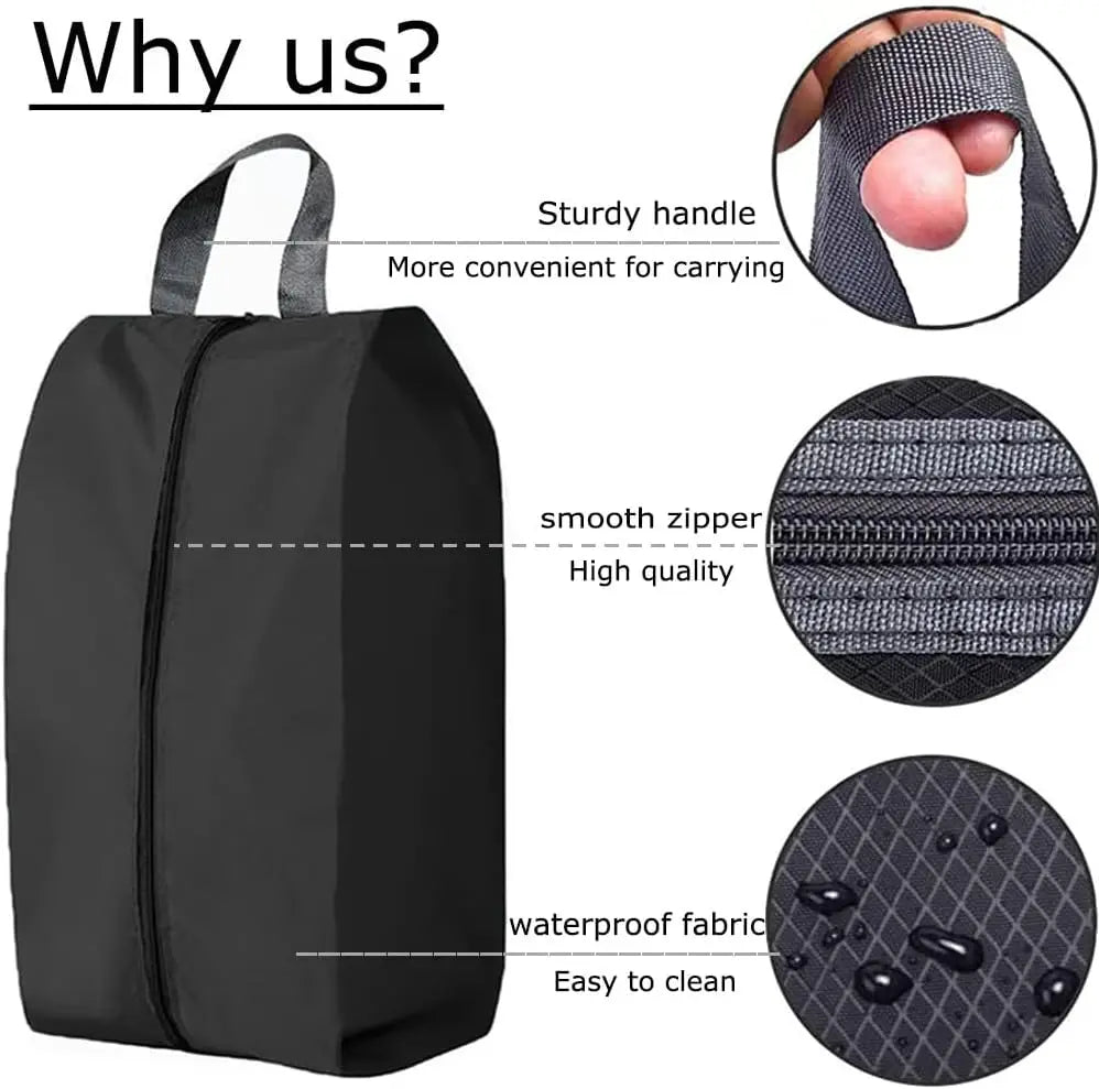 Black foldable nylon shoe storage bags featuring a sturdy handle, smooth zipper, waterproof fabric, and easy-to-clean design.