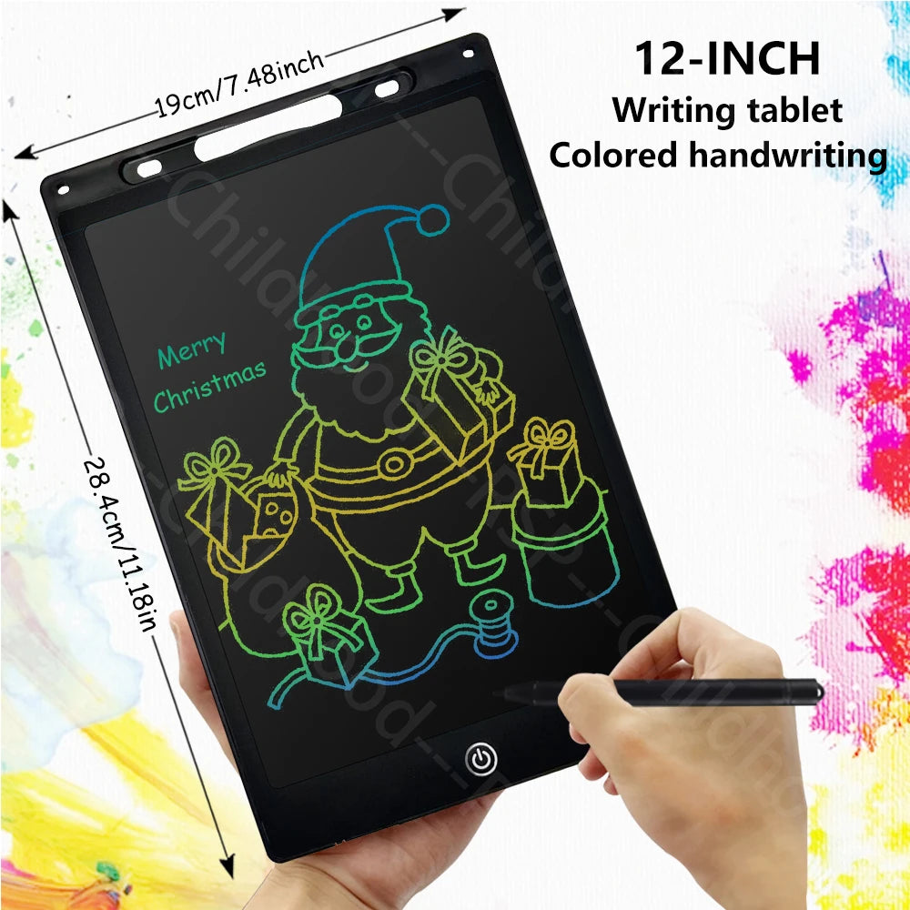 A hand holds a 12-inch black LCD writing tablet displaying a green drawing of Santa Claus and presents.