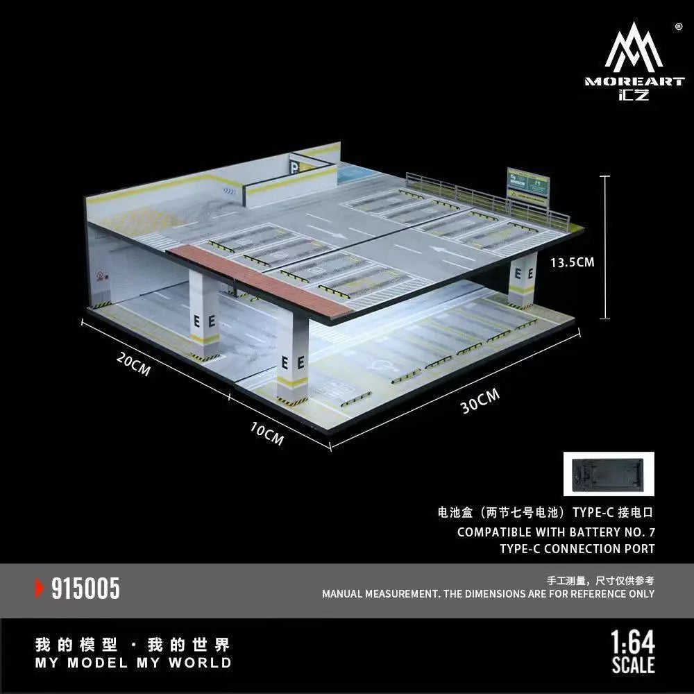 A 1:64 scale miniature garage diorama kit featuring a detailed model with lighting components.