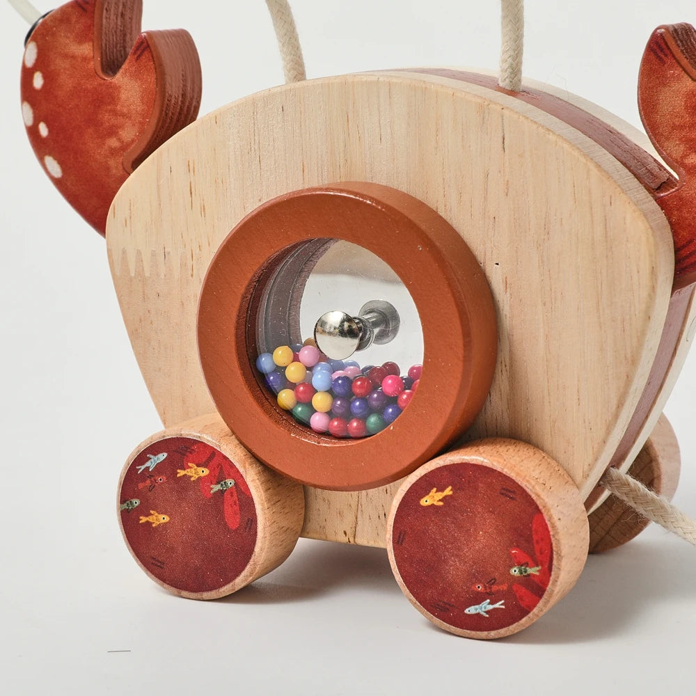 Montessori Wooden Crab Pull Toy with Bead Maze and Life Skills Activities