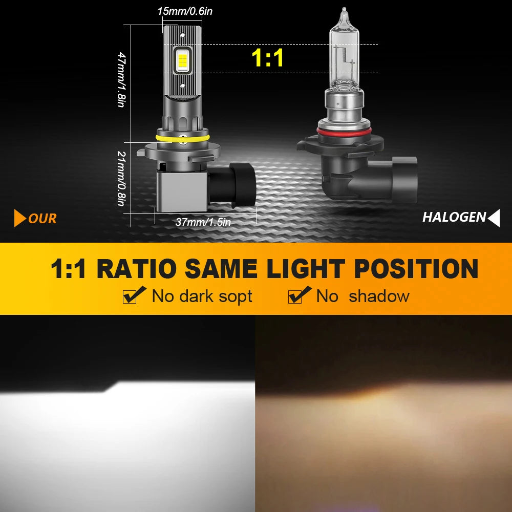 Diagram showing a 1:1 ratio light position comparison between an OUR and HALOGEN headlight bulb.