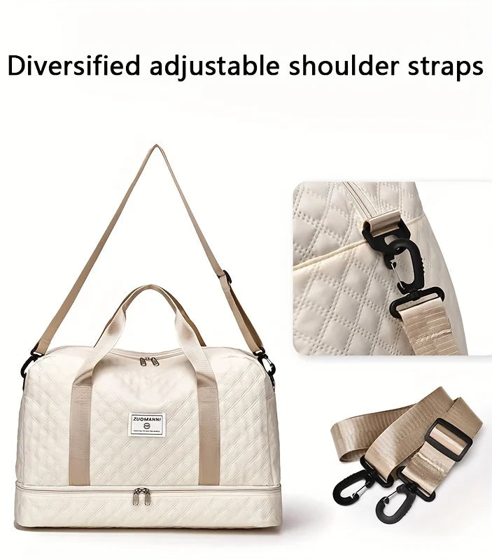 A cream-colored lightweight nylon travel duffle bag with diversified adjustable shoulder straps.