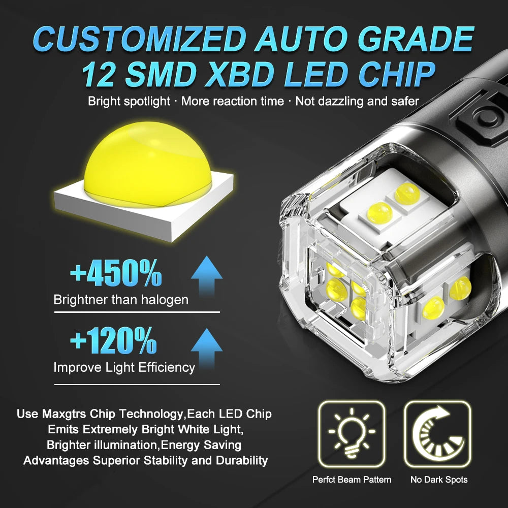 A close-up view of a customized auto grade 12 SMD XBD LED chip light bulb.