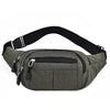 A dark olive green canvas waist pack with black adjustable strap and zippered pockets.