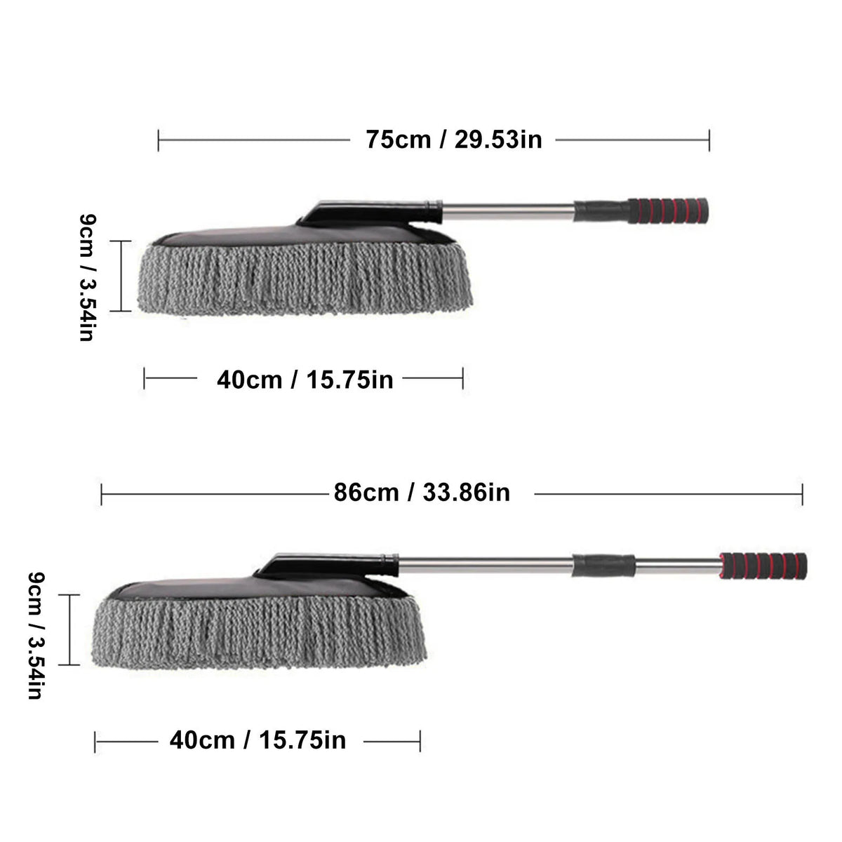 Extendable car duster with a gray nanofiber head and a silver handle.