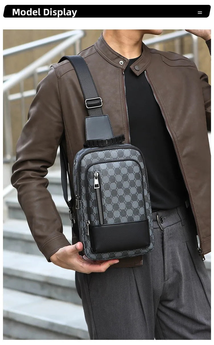 Men's Waterproof PU Leather Crossbody Bag with Geometric Pattern