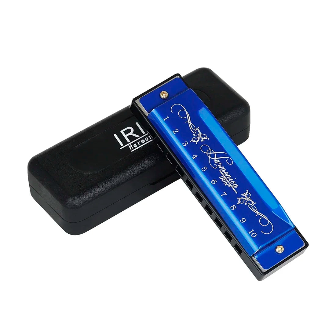 A black harmonica case with a blue finish and ten holes for beginners.