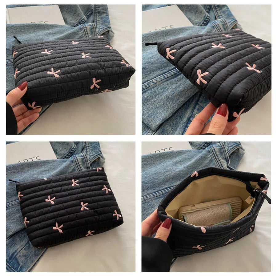 Embroidered Bow Makeup Bag with Large Capacity