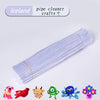 A bundle of purple chenille pipe cleaners with various small craft items displayed on a white background.