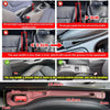 A set of car seat gap fillers and storage organizers demonstrating various installation gaps and dimensions.