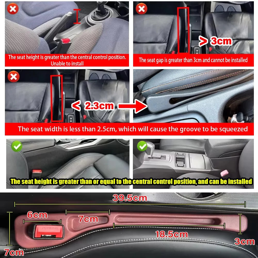 A set of car seat gap fillers and storage organizers demonstrating various installation gaps and dimensions.