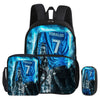 A black backpack and pencil bag set featuring a blue and gold Ronaldo theme.