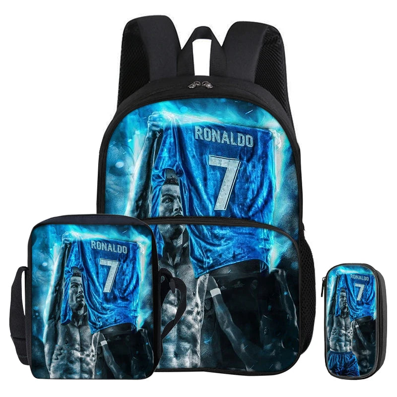 A black backpack and pencil bag set featuring a blue and gold Ronaldo theme.
