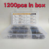 A clear plastic box containing various sizes of plastic welding repair nails and staples for bumper repair.