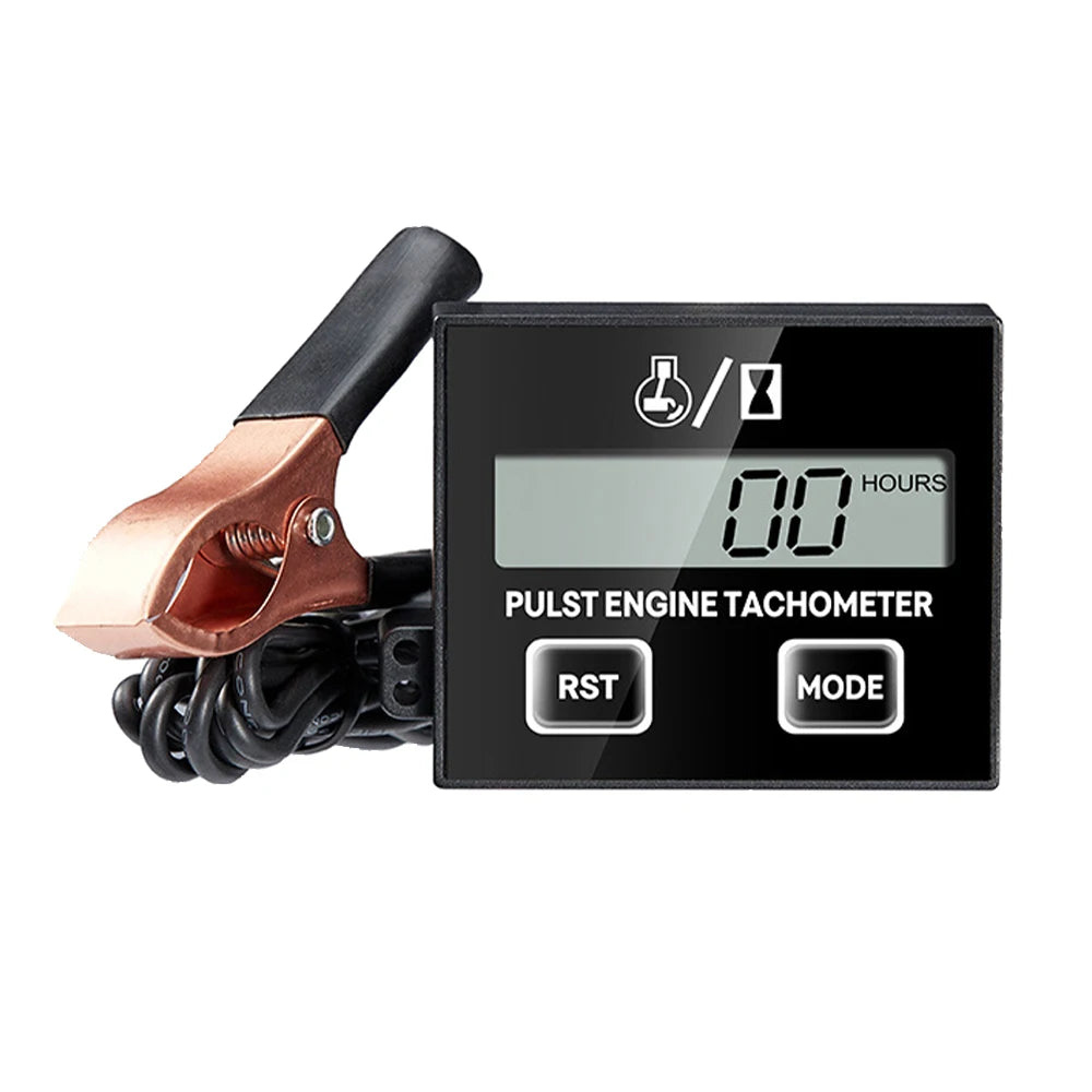 A black digital pulse engine tachometer and hour meter with an inductive sensor attached to a metallic probe.