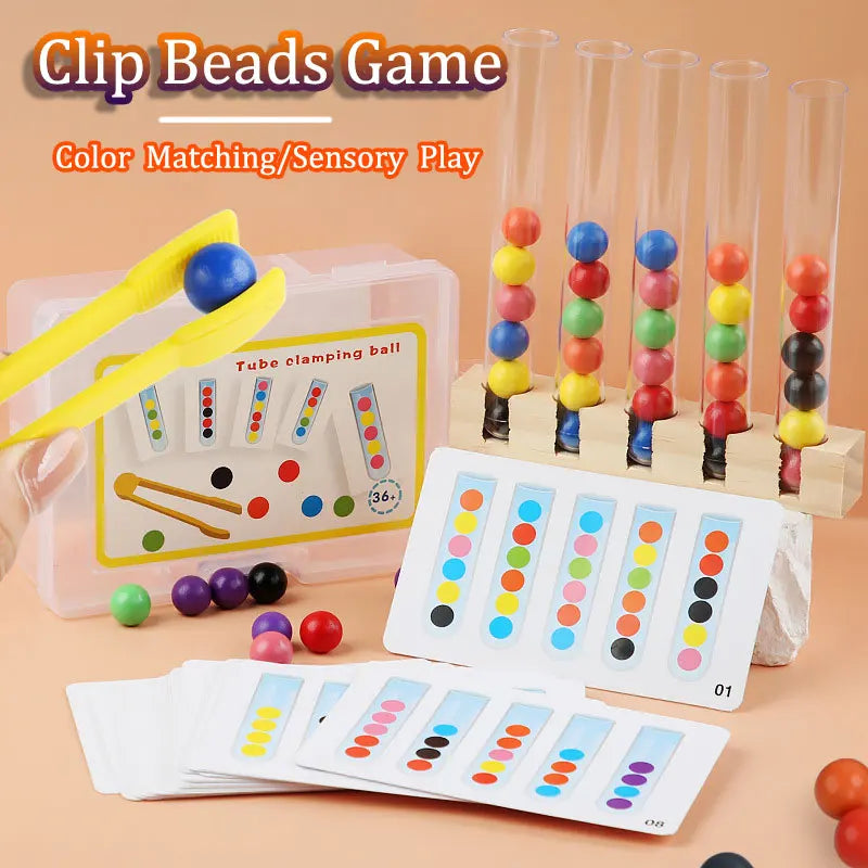 A set of clip beads game featuring wooden beads and test tubes for color matching and sensory play.