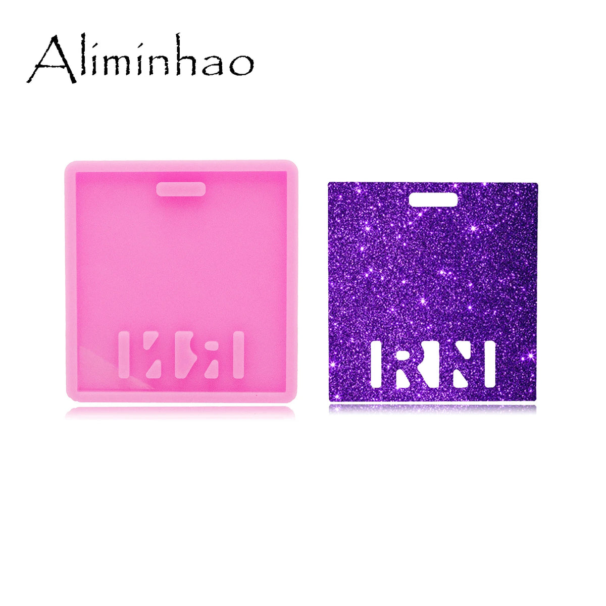 A pink silicone resin mold for creating badge backings and keychains is shown next to a purple glitter mold.
