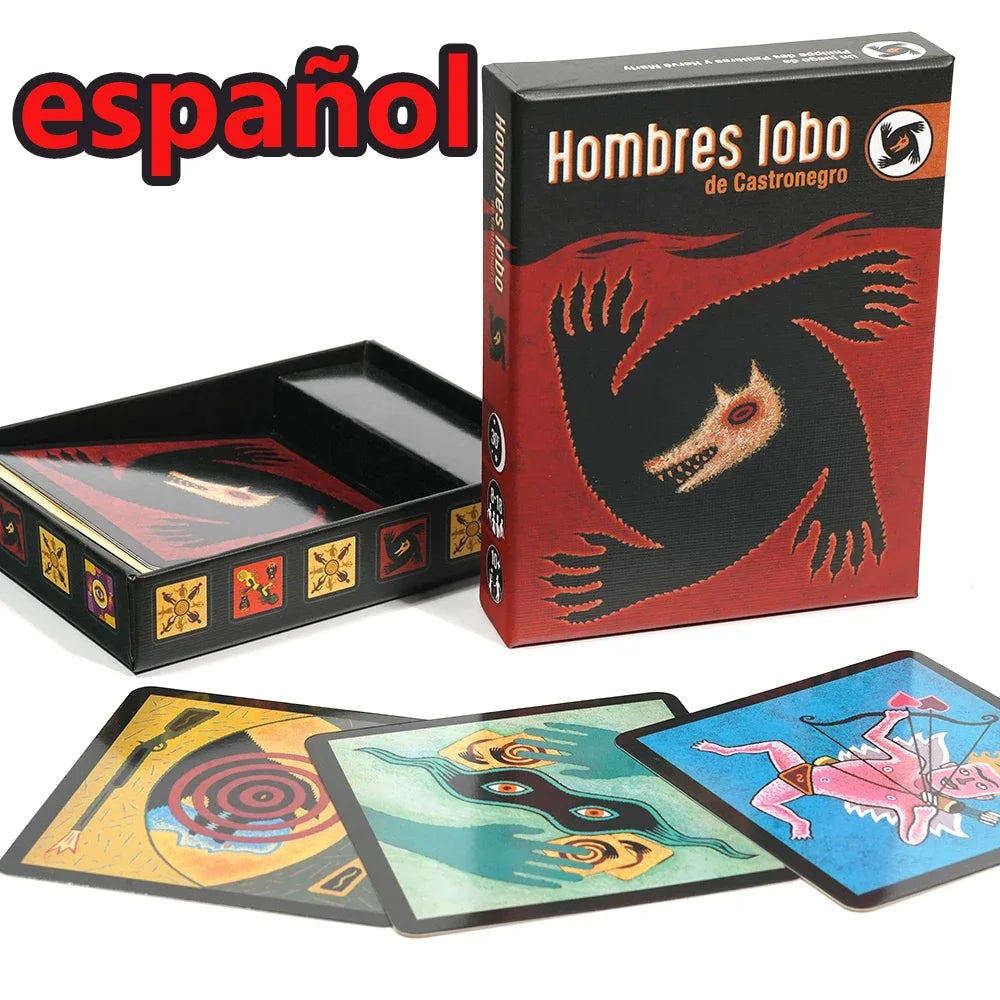 Box and game components for the Spanish card game Hombre Lobo de Castronegro