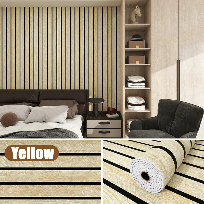 Self-adhesive wood grain wallpaper featuring vertical slats used as a feature wall in a bedroom setting.