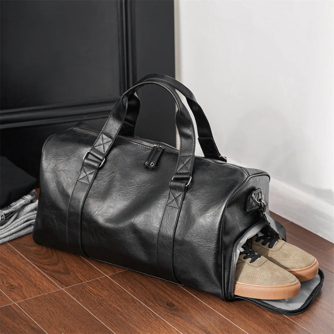 Herren Leder-Reise-Duffeltasche mit Schuhfach