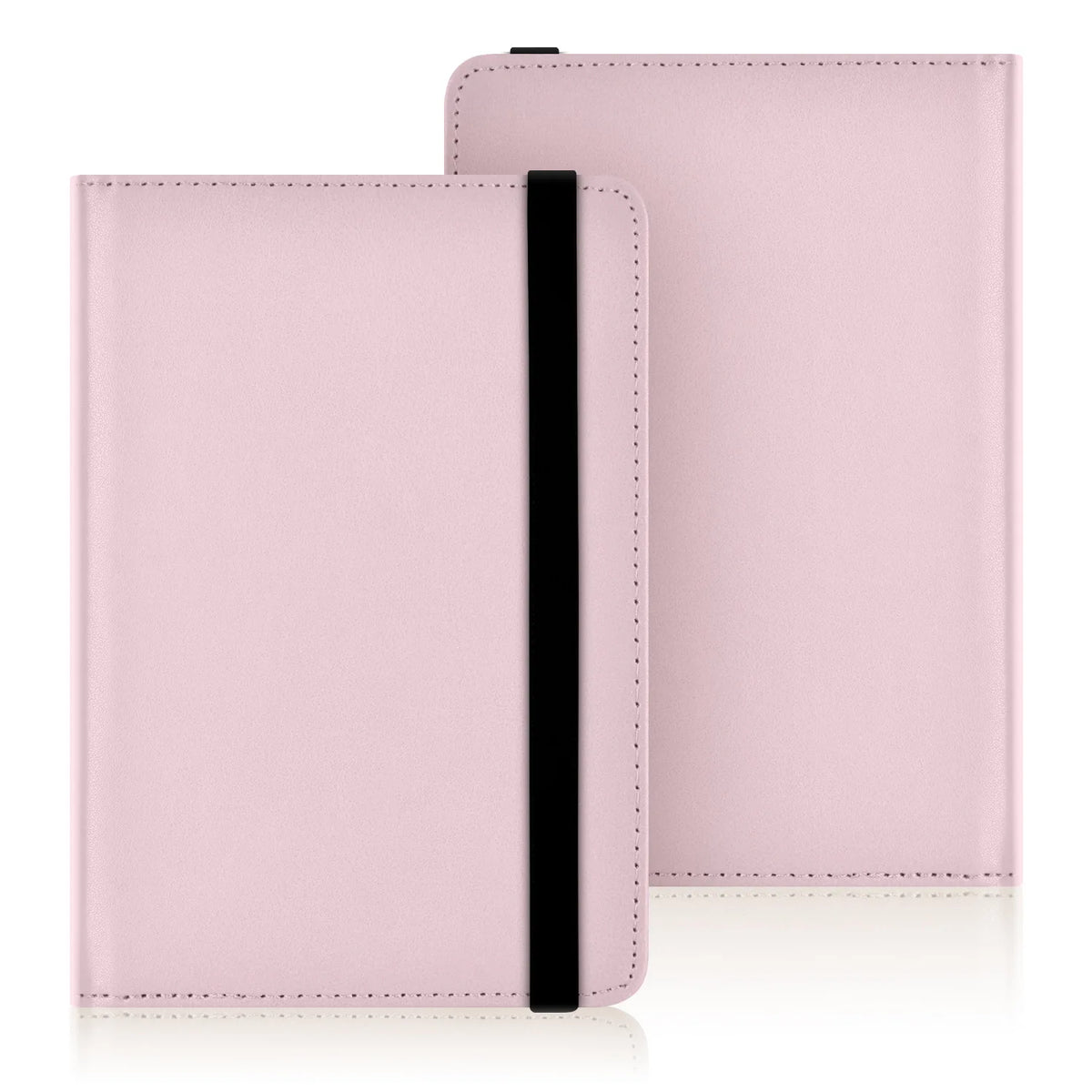 A pink universal e-reader case with a black strap shown in a light, neutral background.