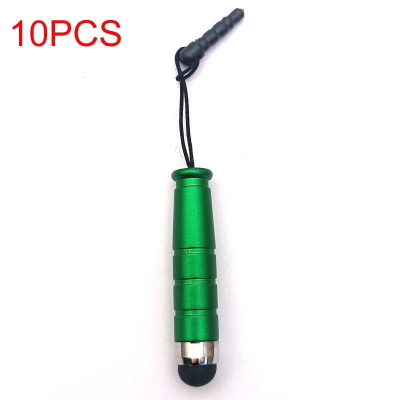 A set of ten fine point stylus pens with black cords and green bodies are displayed against a white background.